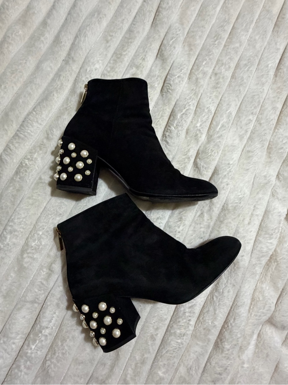 Stuart Weitzman Black Suede Ankle Boots with Pearl-Studded Block Heels